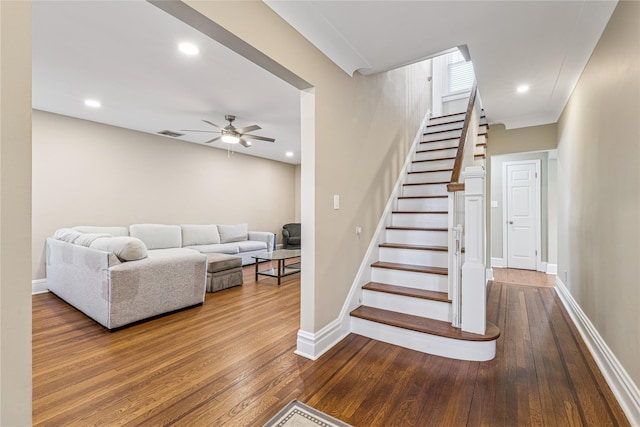 staircase with recessed lighting, wood-type flooring, baseboards, visible vents, and a ceiling fan