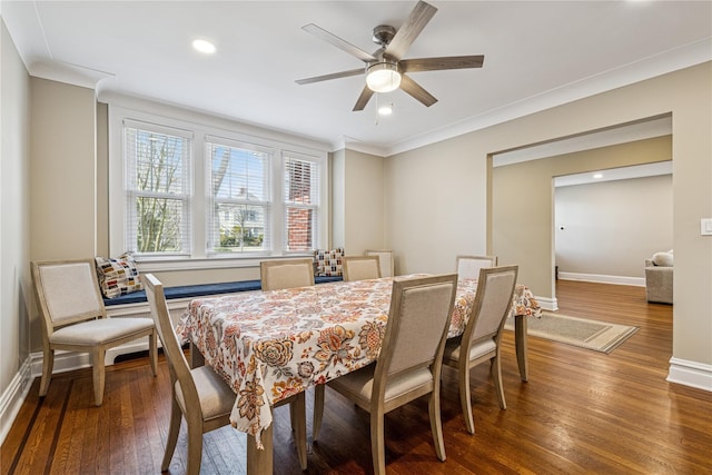 dining space with baseboards, ceiling fan, ornamental molding, recessed lighting, and dark wood-style floors