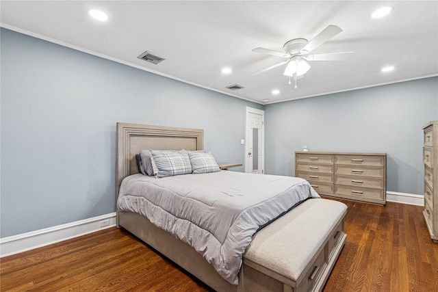 bedroom featuring dark wood-style flooring, recessed lighting, baseboards, and visible vents