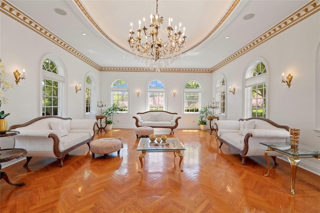 8 Tatem Way, Old Westbury, NY 11568 - living area featuring healthy amount of natural light, baseboards, a high ceiling, recessed lighting, and ornamental molding