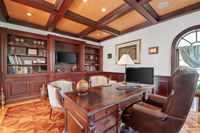 8 Tatem Way, Old Westbury, NY 11568 - office space featuring wainscoting, beam ceiling, ornamental molding, coffered ceiling, and recessed lighting