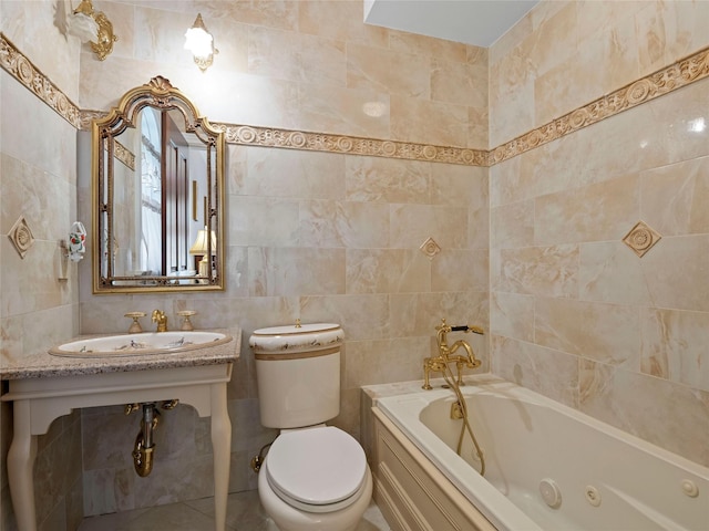 8 Tatem Way, Old Westbury, NY 11568 - bathroom with tile walls, a whirlpool tub, toilet, and a sink