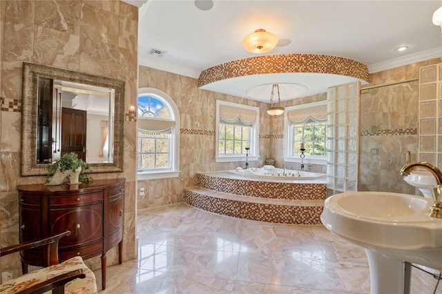 8 Tatem Way, Old Westbury, NY 11568 - full bathroom featuring tile walls, plenty of natural light, marble tiled flooring, crown molding, and a bath