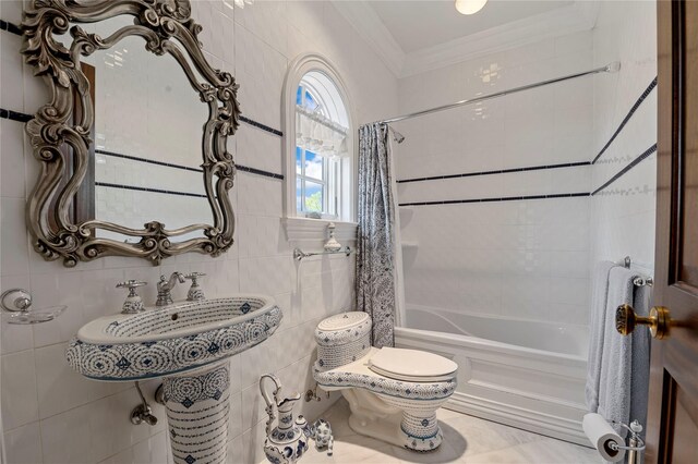 8 Tatem Way, Old Westbury, NY 11568 - full bathroom with crown molding, toilet, tile walls, shower / bath combination with curtain, and a sink