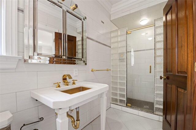 8 Tatem Way, Old Westbury, NY 11568 - full bath featuring tile walls, a stall shower, tile patterned flooring, and crown molding