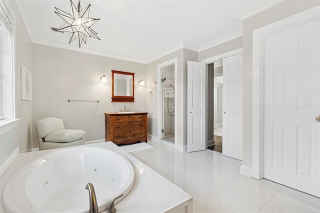 full bath with crown molding, a shower stall, a tub with jets, vanity, and a notable chandelier