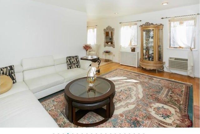 living area with recessed lighting, radiator heating unit, and wood finished floors