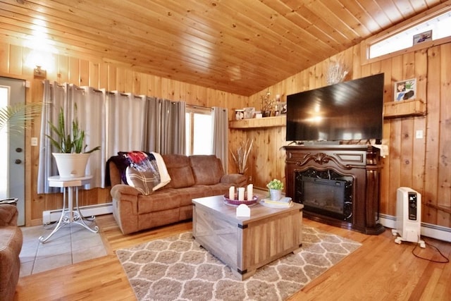 19 W Mitchell St, Smallwood, NY 12778 - living area featuring vaulted ceiling, wooden ceiling, wood walls, baseboard heating, and light wood-type flooring