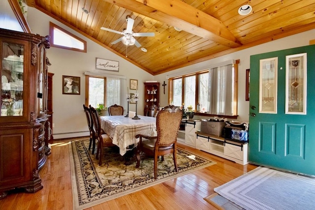 19 W Mitchell St, Smallwood, NY 12778 - dining space featuring a wealth of natural light, a baseboard heating unit, a ceiling fan, and hardwood / wood-style flooring