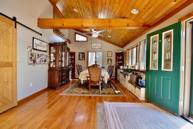 19 W Mitchell St, Smallwood, NY 12778 - dining room featuring baseboards, wood ceiling, light wood finished floors, ceiling fan, and vaulted ceiling with beams
