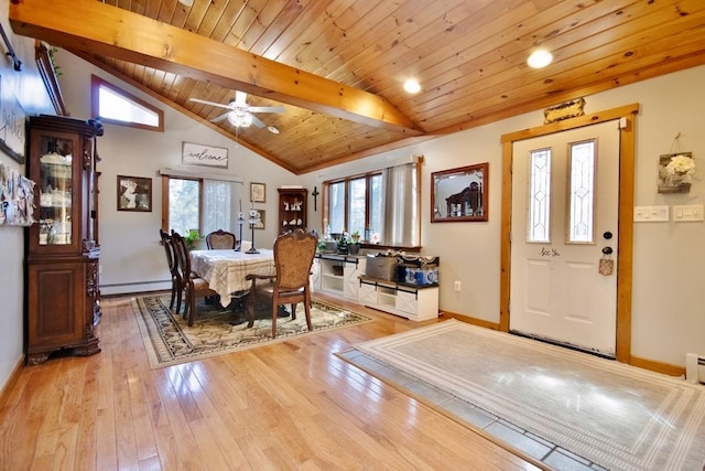 19 W Mitchell St, Smallwood, NY 12778 - dining area featuring vaulted ceiling with beams, light wood-style flooring, baseboard heating, and a wealth of natural light
