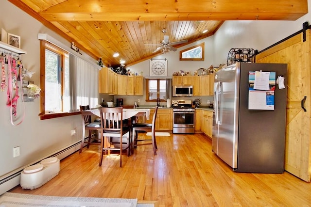19 W Mitchell St, Smallwood, NY 12778 - kitchen with lofted ceiling, wood ceiling, light wood finished floors, ceiling fan, and appliances with stainless steel finishes