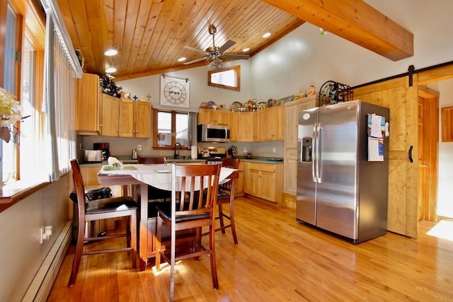 19 W Mitchell St, Smallwood, NY 12778 - kitchen featuring a baseboard heating unit, light wood-type flooring, wood ceiling, ceiling fan, and appliances with stainless steel finishes