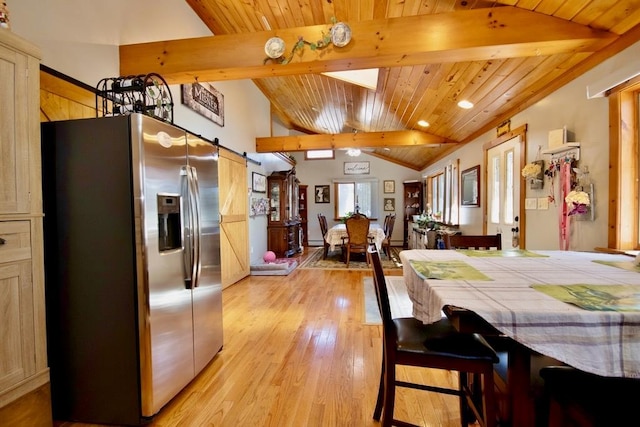 19 W Mitchell St, Smallwood, NY 12778 - dining space featuring wooden ceiling, vaulted ceiling with beams, a barn door, and light wood-type flooring