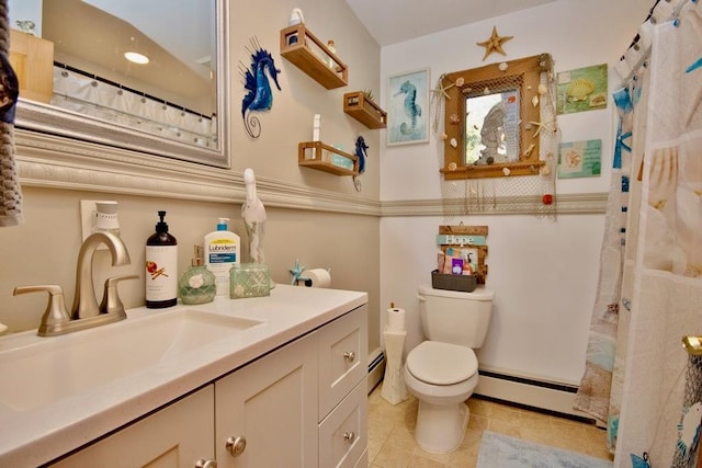 19 W Mitchell St, Smallwood, NY 12778 - bathroom with baseboard heating, curtained shower, toilet, and vanity