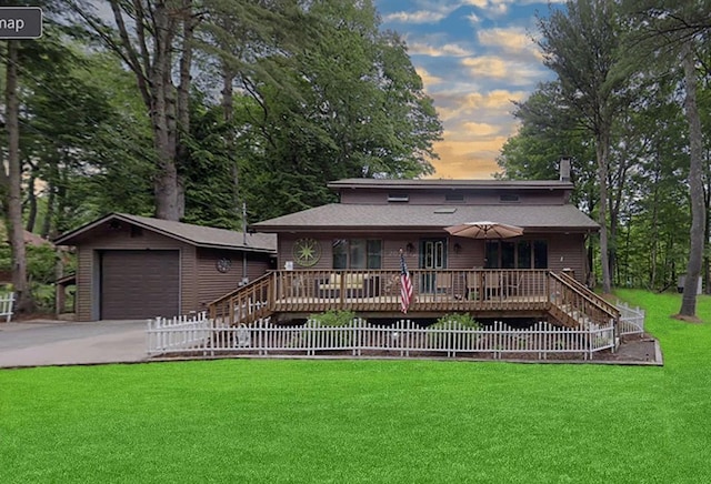 19 W Mitchell St, Smallwood, NY 12778 - view of front of property featuring fence, a wooden deck, driveway, an outbuilding, and a yard
