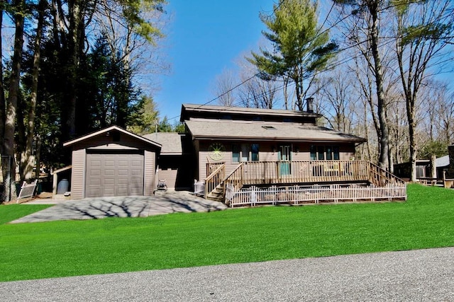 19 W Mitchell St, Smallwood, NY 12778 - view of front of home featuring a wooden deck, a front yard, an outbuilding, and a garage
