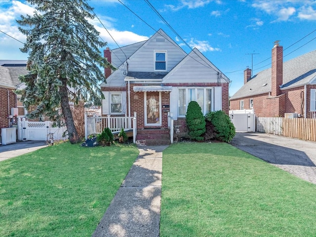 bungalow-style house featuring fence, brick siding, a front lawn, and a gate