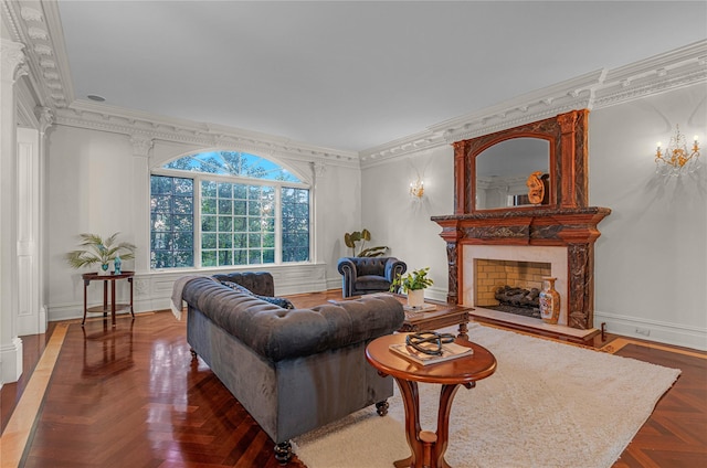 living area with a premium fireplace, crown molding, and baseboards