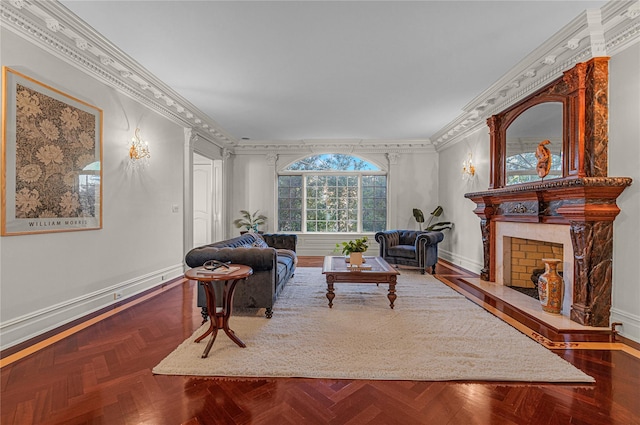 living room featuring ornamental molding, a fireplace with raised hearth, and baseboards