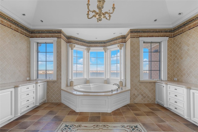 full bath with ornamental molding, tile patterned floors, tile walls, a bath, and recessed lighting