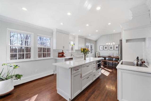 kitchen featuring light countertops, a healthy amount of sunlight, baseboard heating, and dark wood-type flooring