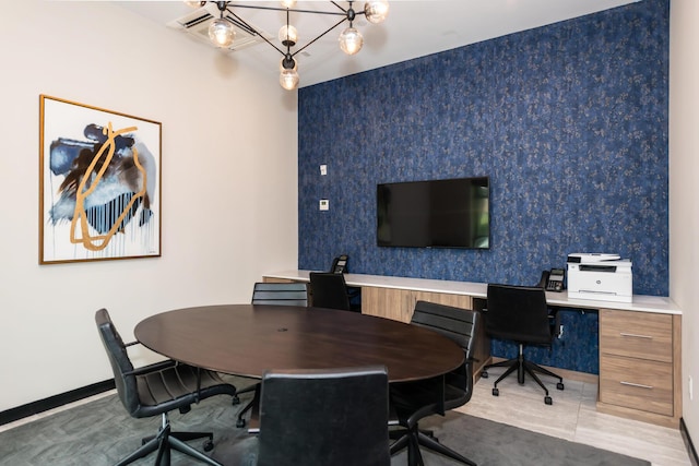100 Garvies Point Rd Unit 1237, Glen Cove, NY 11542 - office area featuring a chandelier, wallpapered walls, and baseboards