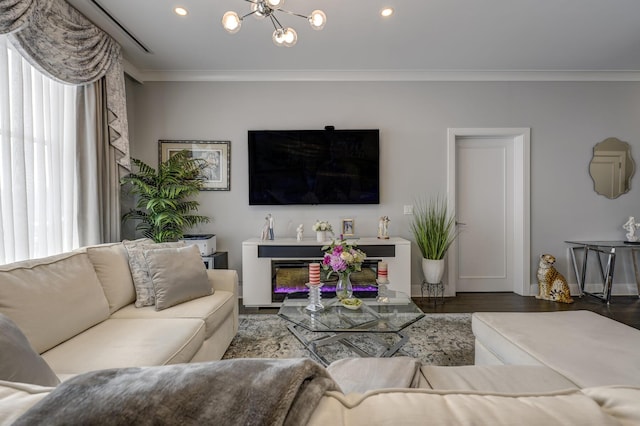 100 Garvies Point Rd Unit 1237, Glen Cove, NY 11542 - living area with healthy amount of natural light, crown molding, a chandelier, recessed lighting, and wood finished floors