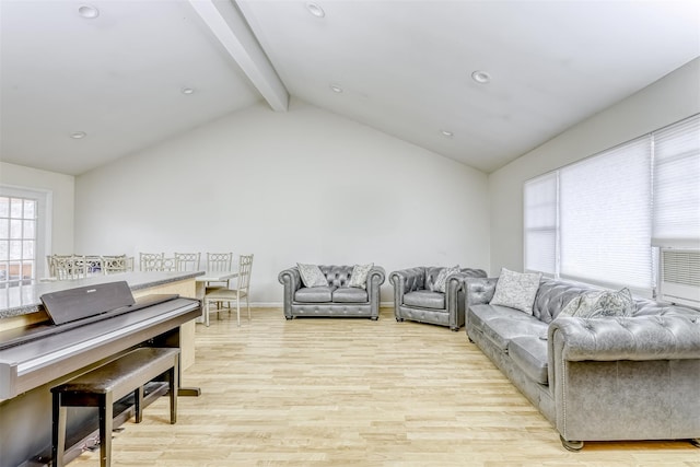 living area featuring light wood finished floors, baseboards, lofted ceiling with beams, and recessed lighting