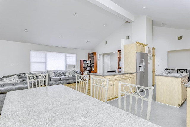living area featuring recessed lighting, high vaulted ceiling, beamed ceiling, and visible vents