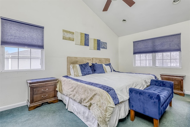 carpeted bedroom featuring baseboards, ceiling fan, and vaulted ceiling
