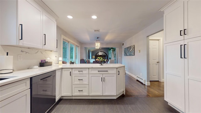 kitchen featuring a baseboard heating unit, a peninsula, white cabinets, dark wood finished floors, and dishwasher