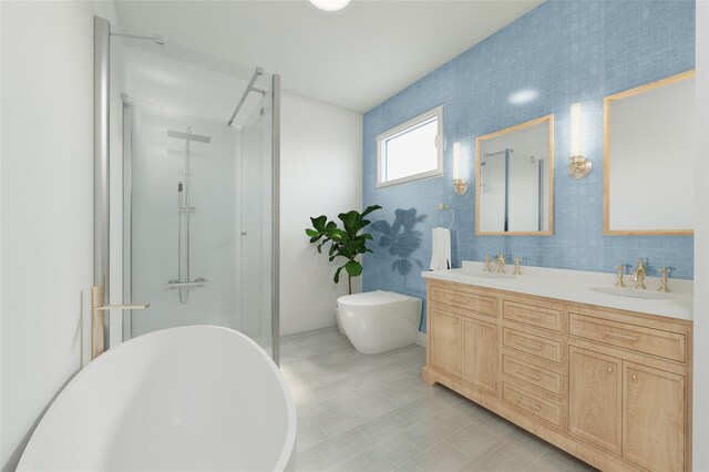 62 Rochester Ave, Long Beach, NY 11561 - full bathroom featuring double vanity, a sink, a freestanding tub, and a walk in shower
