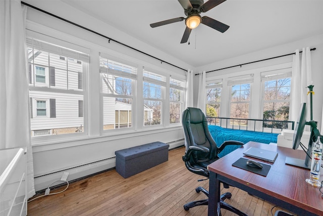 office with hardwood / wood-style floors, ceiling fan, and a baseboard radiator