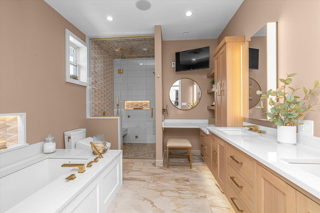 31 Casino St Ph, Ph, Freeport, NY 11520 - full bath featuring marble finish floor, double vanity, recessed lighting, a sink, and a stall shower