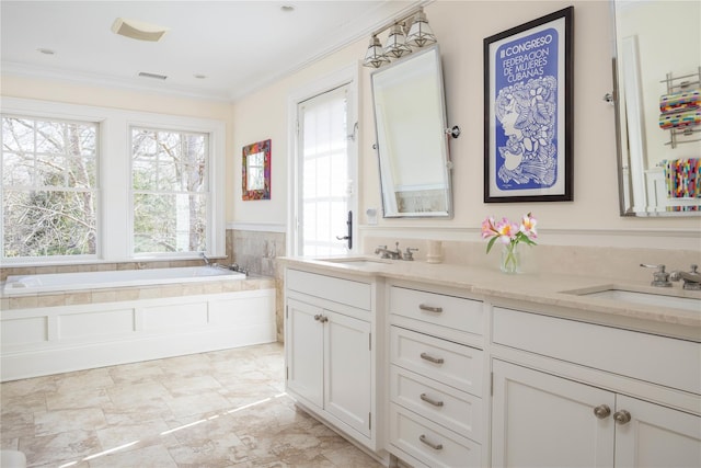 53 Cedar Ln W, Remsenburg, NY 11960 - full bathroom featuring crown molding, double vanity, and a bath