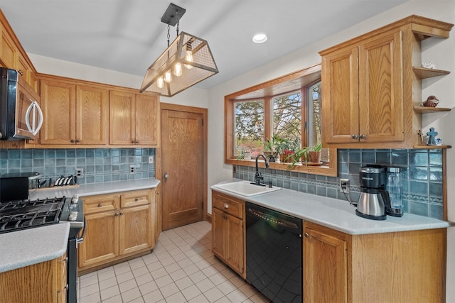 kitchen with a sink, decorative backsplash, open shelves, light countertops, and appliances with stainless steel finishes