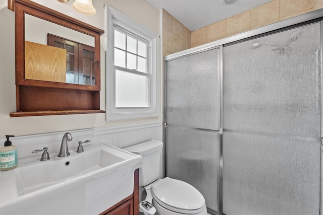 bathroom featuring toilet, a stall shower, a wainscoted wall, and vanity