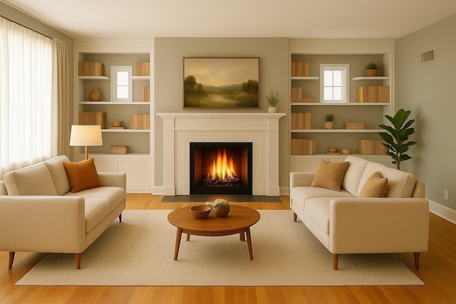 26 Alden Rd, Poughkeepsie, NY 12603 - living area featuring wood finished floors, built in features, and a fireplace