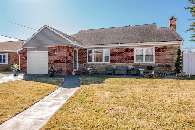 1075 Frances Dr, Valley Stream, NY 11580 - view of front facade featuring a garage, a front yard, driveway, a chimney, and brick siding