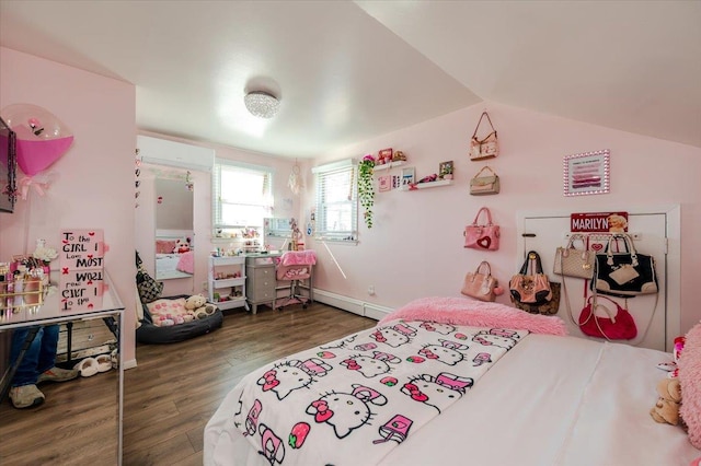 1075 Frances Dr, Valley Stream, NY 11580 - bedroom featuring wood finished floors, baseboard heating, and vaulted ceiling