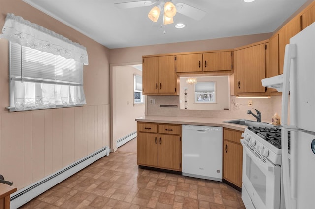 kitchen with white appliances, ventilation hood, a baseboard heating unit, and a ceiling fan