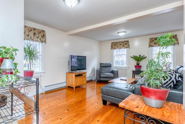 living room featuring beamed ceiling, light wood-style flooring, and a baseboard heating unit