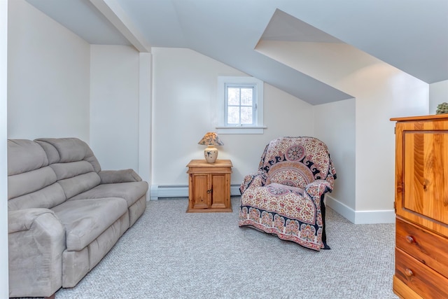 living area featuring vaulted ceiling, baseboards, carpet floors, and a baseboard radiator