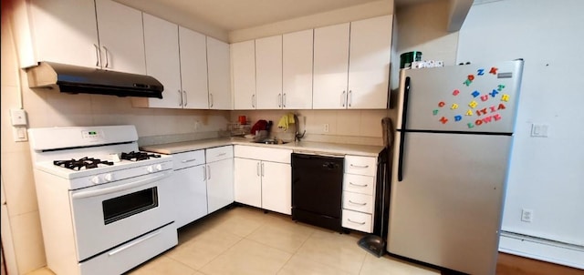 31-12 Union St Unit 4A, Flushing, NY 11354 - kitchen featuring white gas range, freestanding refrigerator, under cabinet range hood, dishwasher, and a baseboard heating unit