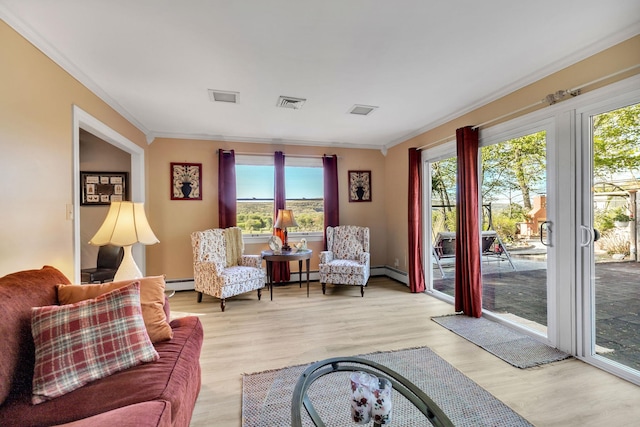 living area with visible vents, ornamental molding, and plenty of natural light