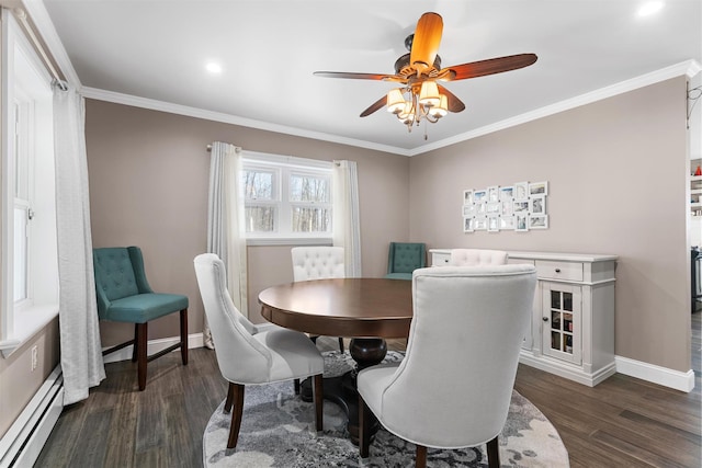 dining room with crown molding, a ceiling fan, dark wood finished floors, and baseboards