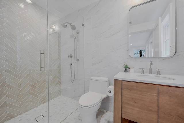 550 Madison Ave, Greenport, NY 11944 - full bathroom featuring vanity, toilet, a shower stall, and tile walls