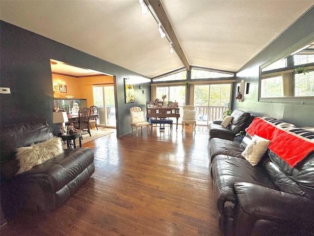 15 Highland Ave, Chestnut Ridge, NY 10977 - living room with hardwood / wood-style floors, lofted ceiling with beams, a chandelier, and rail lighting