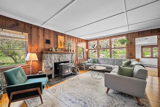 35 Riverview Trl, Croton-On-Hudson, NY 10520 - living room with wood walls, baseboard heating, a wood stove, and wood finished floors